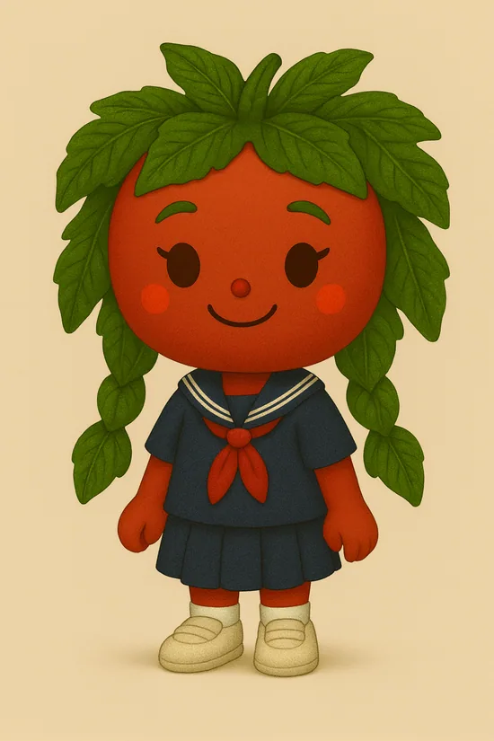 Tomato Plant Kaki character wearing a school-inspired outfit