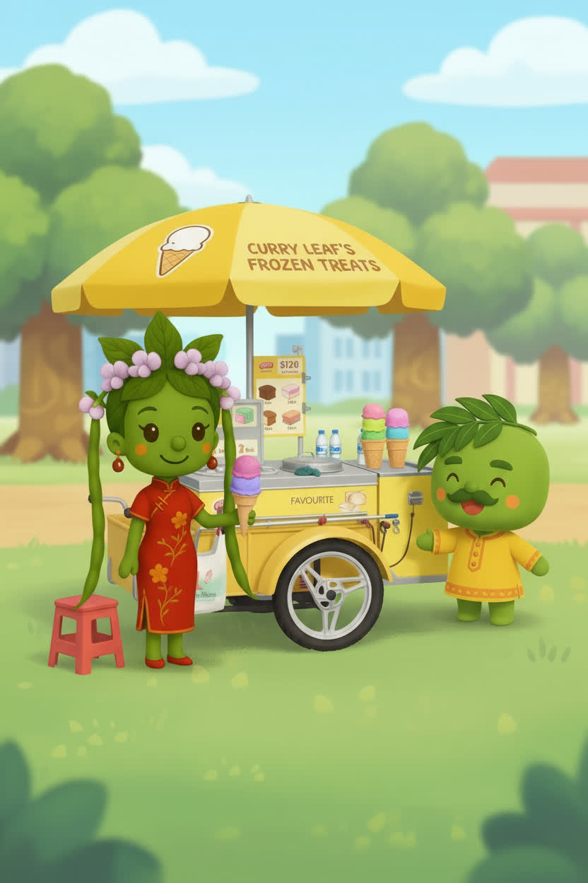 Plant Kakis characters beside a cheerful neighbourhood ice cream cart
