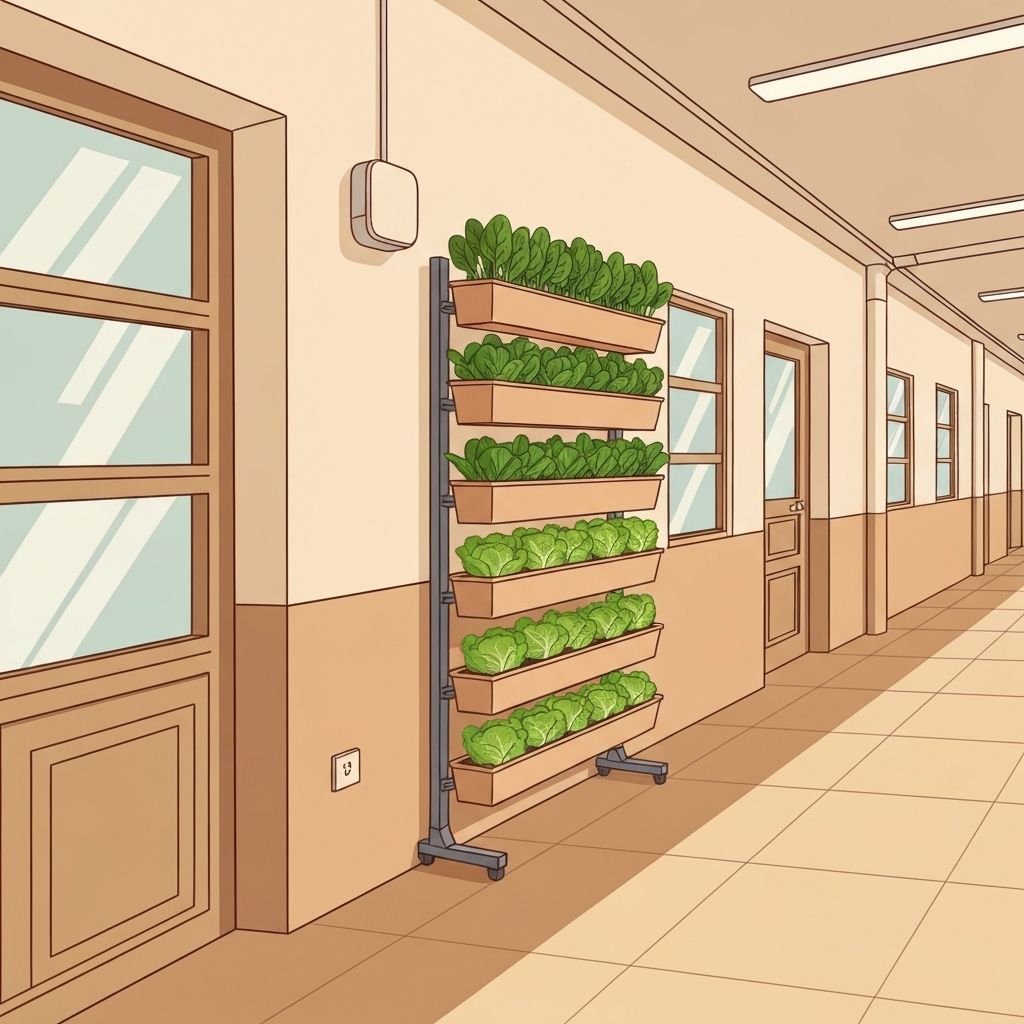 Illustrated modular planter installed beside the wall of an apartment corridor