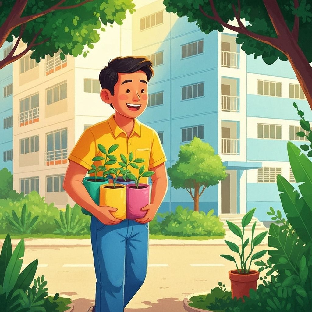 Illustration of a seedling delivery arriving at a high-density residential block